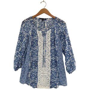 Zac and Rachel Womens Size S Blue White Boho Peasant Blouse 3/4 Sleeve Lace Trim